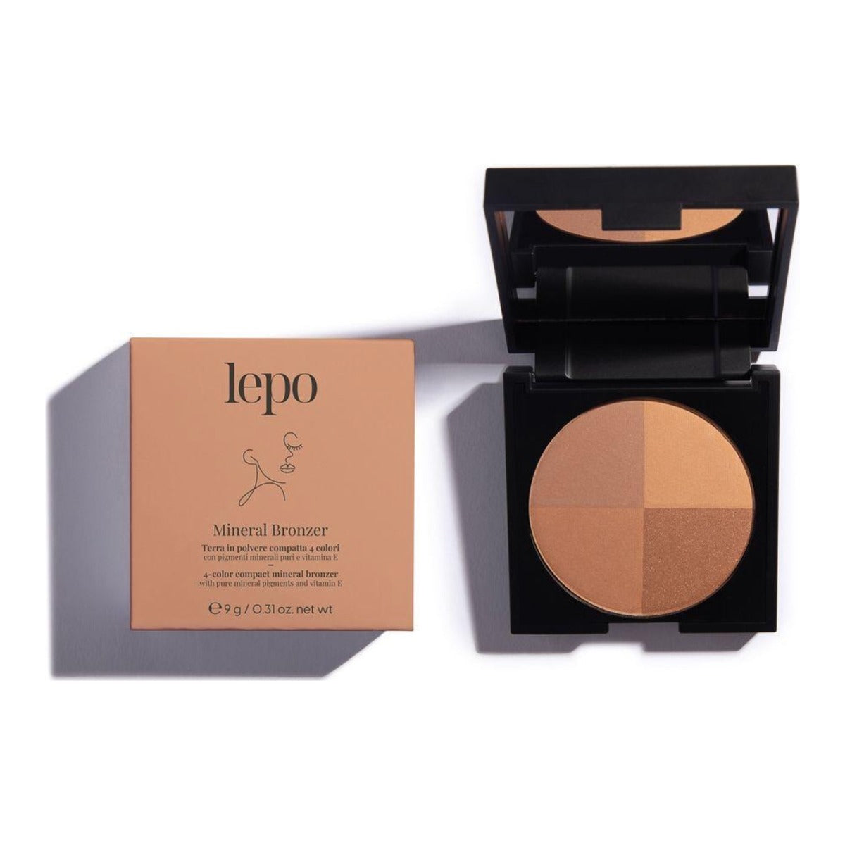 Mineral Bronzer Lepo, terra compatta 4 colori: astuccio e cofanetto aperto